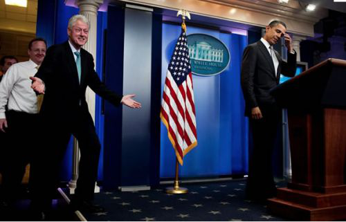 Bill Clinton and Obama at Press Briefing Meme Template