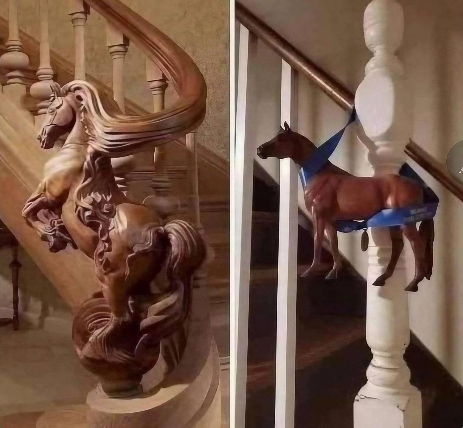 Intricate Horse Banister vs Toy Horse Taped to Railing Meme Template
