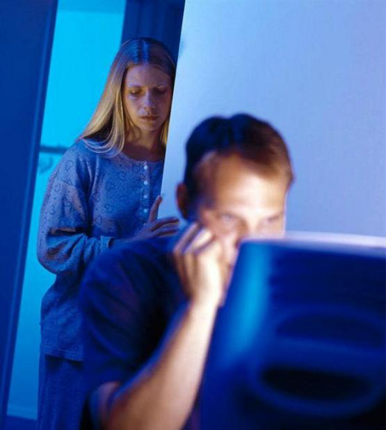 Woman Peeking at Man on Computer Meme Template